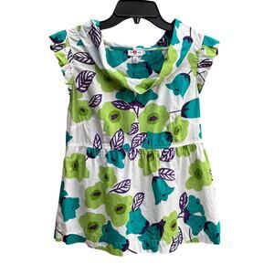 We Love Vera  Size 6 Floral Top Sleeveless Cotton Blouse Green Blue